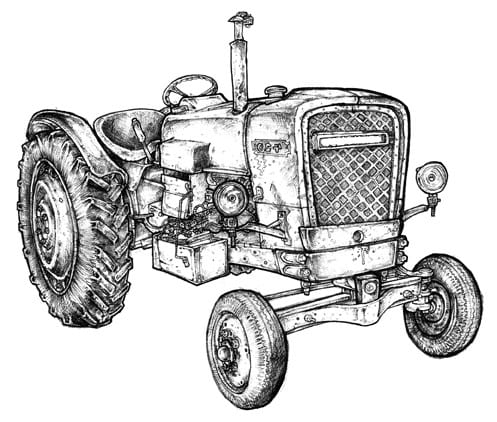 drawing of a tractor at pecan trees for sale