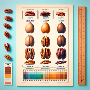 DALL·E 2023-11-27 17.02.16 - Create an image featuring three types of pecans, each labeled with their variety name. There should be three rows, each with two pecans - one shelled