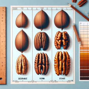 DALL·E 2023-11-27 17.06.46 - Create an image that closely resembles a scientific comparison of three varieties of pecans. There should be three rows, each row featuring two pecans